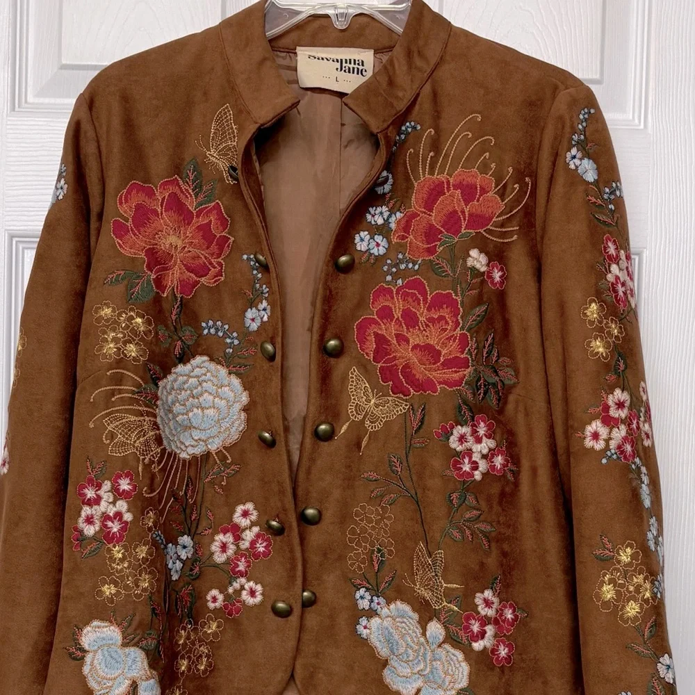 Savanna Jane Heavily Embroidered Open Front Brown Jacket Sz L - Picture 2 of 4